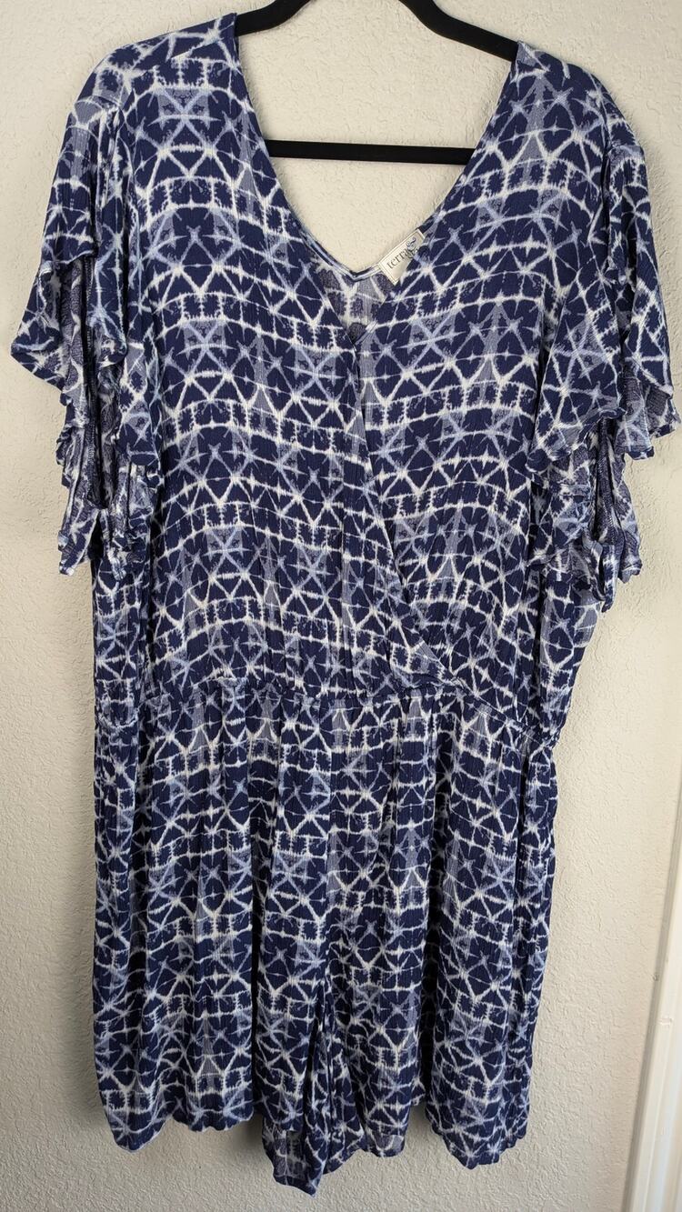 Terra & Sky Woven Romper 3X Tie-Dye Blue Shibori Short Sleeve Elastic Waist